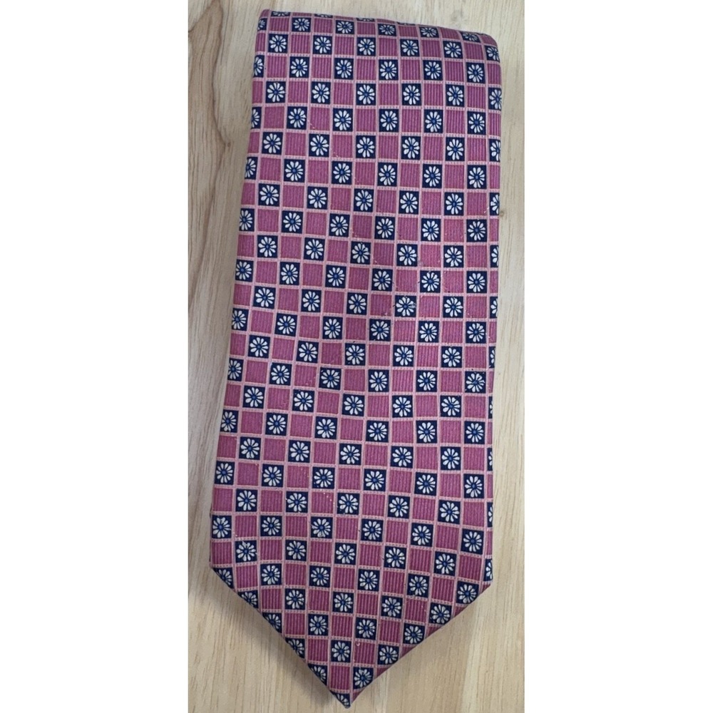 Ike Behar Mens Silk Necktie Geometric Pink Navy Floral Pattern Hand Tailored USA